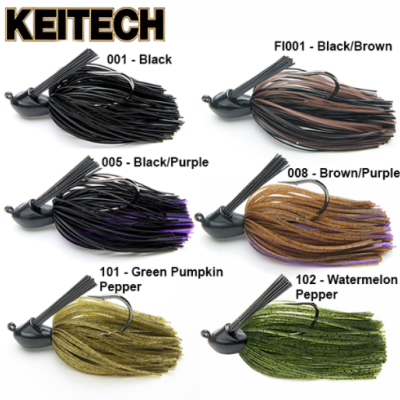 Seis iscos artificiais KEITECH para pesca de várias cores com cabeças de anzol pesadas.