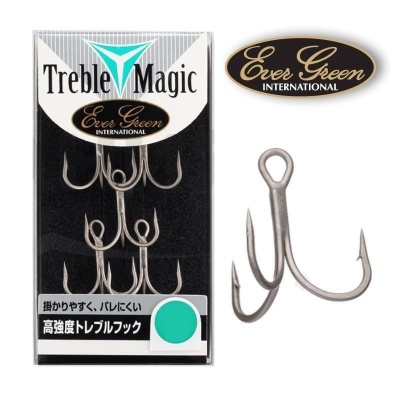 Anzóis tripos metálicos prateados Treble Magic Ever Green International em embalagem