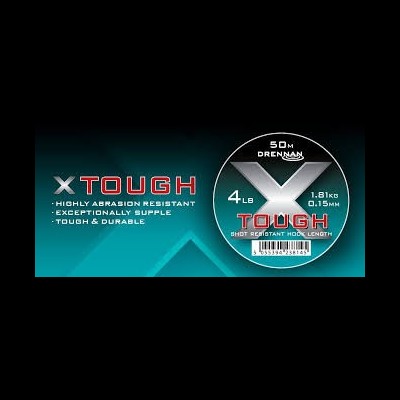 Embalagem de linha de pesca Drennan X Tough azul e preto com texto informativo