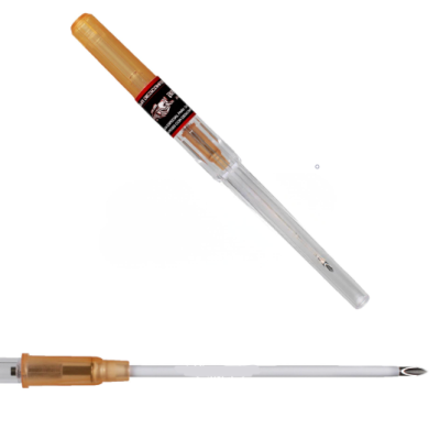 Caneta esferográfica transparente com tampa laranja e rótulo preto