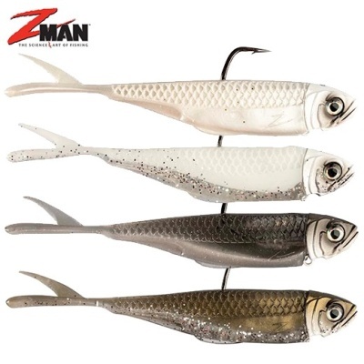 Quatro iscas artificiais para pesca em várias cores com logo ZMAN