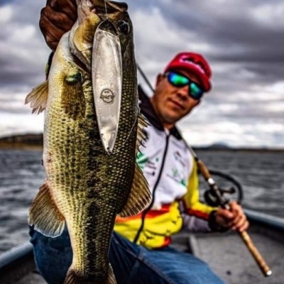 Homem a segurar peixe grande com isco metálico no barco