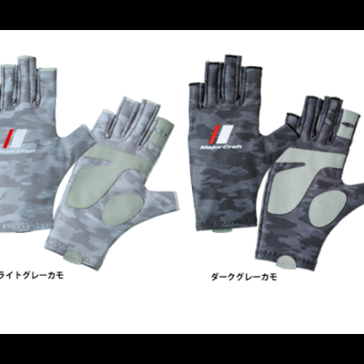 Dois pares de luvas sem dedos com padrão camuflado e o texto 'Major Craft' no dorso
