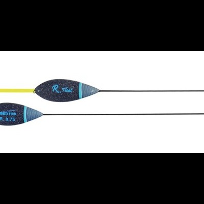 Dois caniços de pesca flutuantes com corpo azul e preto, pontas coloridas e texto azul visível.