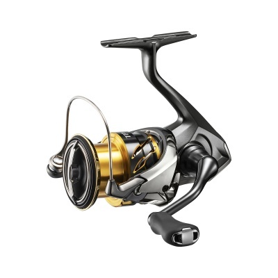 Carretel de pesca spinning preto e dourado com pega preta