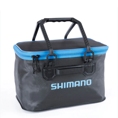 Saco de transporte preto com tampa azul e texto SHIMANO