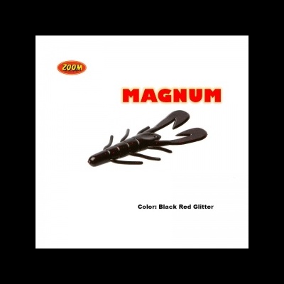 Isca artificial preto e vermelho com brilhos e texto MAGNUM ZOOM