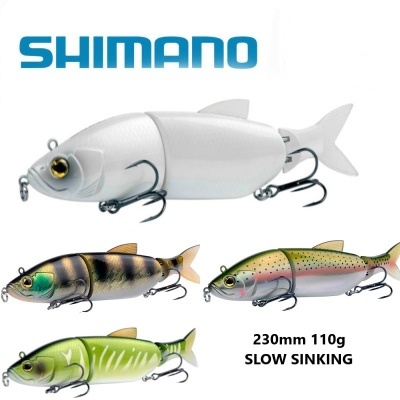 Quatro iscas artificiais de pesca da Shimano em diferentes cores e padrões.