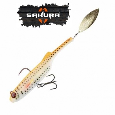 Isca de pesca creme com pontos pretos e lâmina metálica prateada