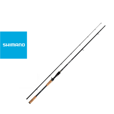 Cana de pesca preta com cabo em cortiça e logótipo azul 'SHIMANO'