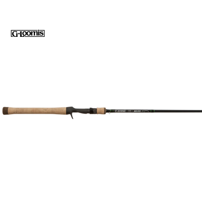 Varão de pesca G.Loomis com empunhadura em cortiça e haste preta com marca e modelo visíveis