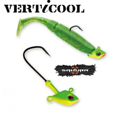 Anzol verde-amarelo com isco de pesca macio verde