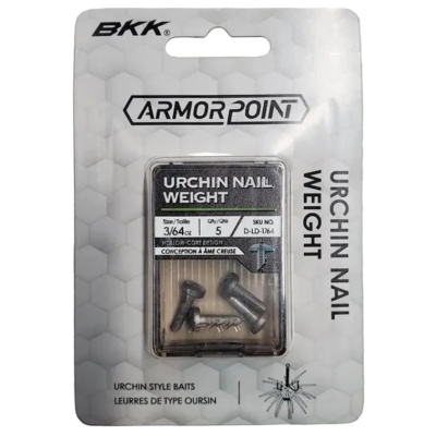 Embalagem de pesos de metal para pesca com design de núcleo oco e texto URCHIN NAIL WEIGHT.