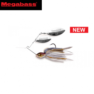 Isca de pesca Megabass spinnerbait prateada com saia de silicone colorida e lâminas metálicas