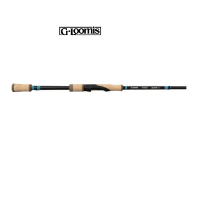 Cana de pesca G Loomis NRX com punho em cortiça e detalhes azuis