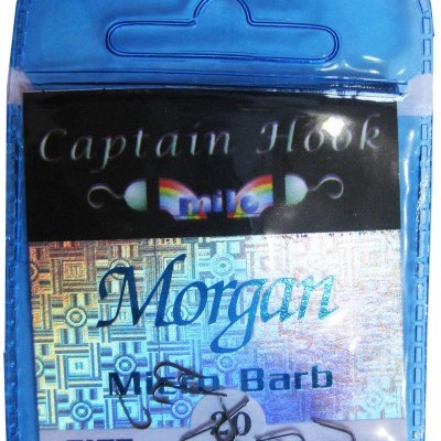 Embalagem azul translúcida com anzóis de pesca tamanho 26 e etiquetas holográficas