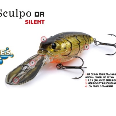 Isco de pesca Sculpo DR SILENT com corpo dourado, preto e gancho triplo