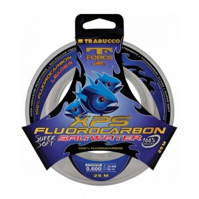 Linha de pesca fluorocarbono Trabucco XP5 em embalagem azul e preto com peixes azuis