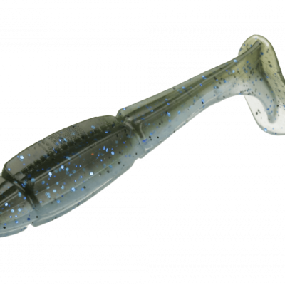 Isca de pesca macia verde-acinzentada com pontos azuis e cauda larga em forma de pá