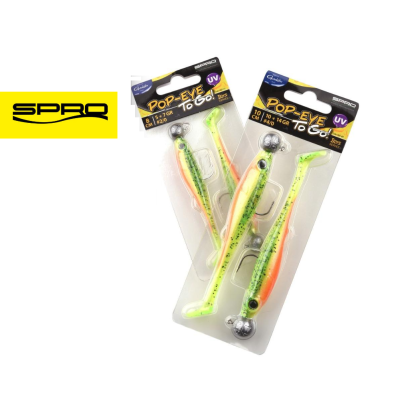 Iscos Pop-Eye To Go UV verdes fluorescentes e laranja em embalagem transparente