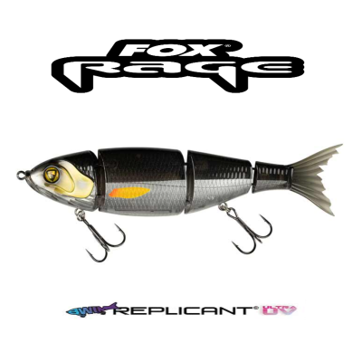 Isca de pesca articulada cinza e preto com anzóis e texto FOX Rage Swim Replicant Ultra UV