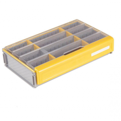 Organizador plástico cinzento e amarelo com divisórias internas