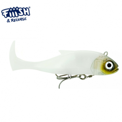 Isca de pesca artificial formato peixe branco e amarelo com anzol