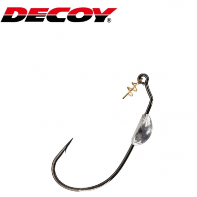 Anzol metálico de pesca com hélice dourada e peso prateado, logotipo DECOY