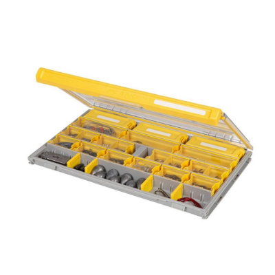 Estoque organizador com acessórios de construção em divisórias amarelas