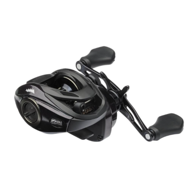 Carrete de pesca preto com manivela dupla e pegas emborrachadas