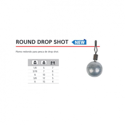 Chumbo redondo prateado para pesca drop shot com gancho preto e tabela de tamanhos