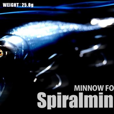 Isco de pesca Spiralminnow azul metálico com ganchos de metal e texto informativo.