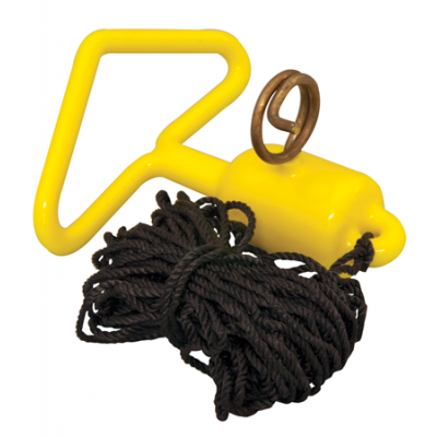 Produto amarelo de plástico com corda preta e anel metálico