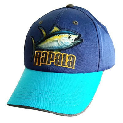 Boné azul escuro com pala azul clara e bordado frontal de peixe e texto RAPALA.