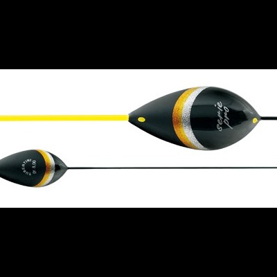 Dois flutuadores de pesca em preto, dourado e branco com hastes coloridas