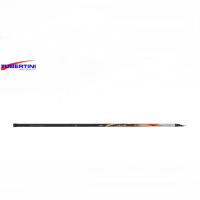 Vara de pesca Tubertini Level 66 300 preta com detalhes laranja e branco e logo Tubertini