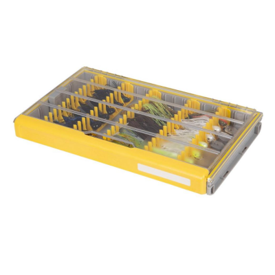 caixa organizadora amarela com iscos de pesca