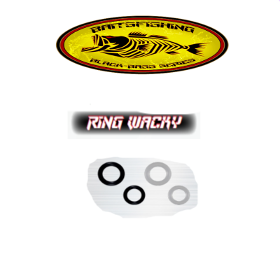 Etiqueta oval amarela com peixe e texto BATIS FISHING, etiqueta preta com texto RING WACKY e quatro anéis de borracha pretos e cinza.
