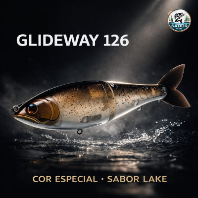 Isca de pesca tipo peixe segmentado sobre água com texto GLIDEWAY 126 e COR ESPECIAL SABOR LAKE