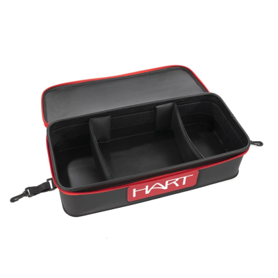 Estojo de armazenamento preto com divisórias interiores e fecho vermelho, etiqueta frontal HART