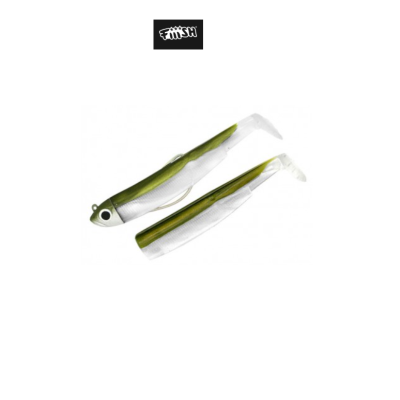 Iscos artificiais verdes e brancos para pesca com olhos pintados e cauda curva