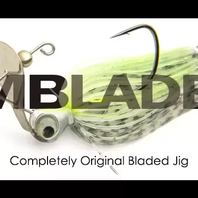 Anzol de pesca RUM BLADE JIG com lâmina metálica e corpo verde-limão em fundo branco