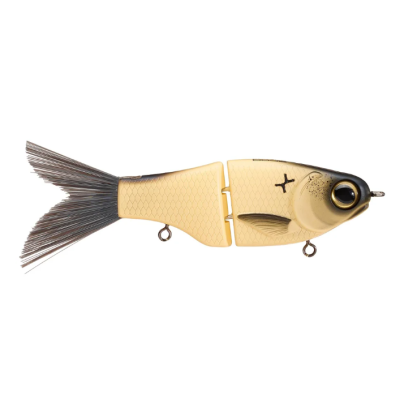 Isca de pesca articulada amarelo e preta com textura de escamas e cauda preta