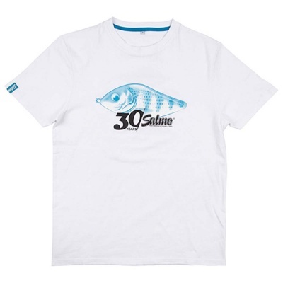 Camiseta branca com estampa de peixe azul e texto 30 Years Salmo