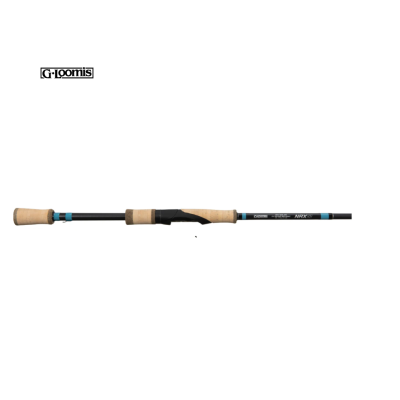 Vara de pesca G·Loomis preta com punhos em cortiça clara e detalhes azuis