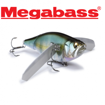 Isca de pesca artificial com anzóis e barbatanas, logotipo Megabass