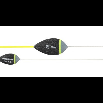 Duas bóias de pesca Tubertini pretas com detalhes coloridos e texto visível