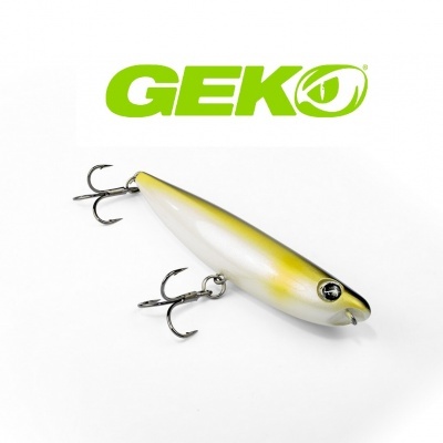 Isca de pesca branca e amarelo com dois anzóis trifurcados