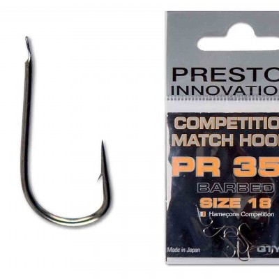 Gancho de pesca metálico e embalagem Preston Innovations com texto