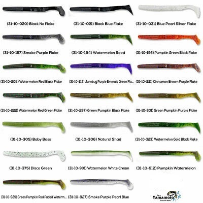 Iscos de pesca macios Yamamoto coloridos, com códigos de referência visíveis